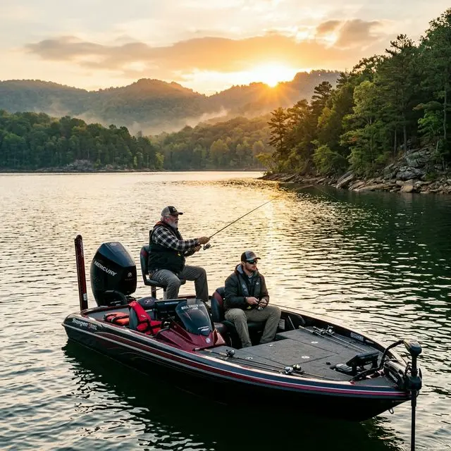 Two anglers fishing from a bass boat at Bull Shoals Lake on the Missouri-Arkansas border at sunrise