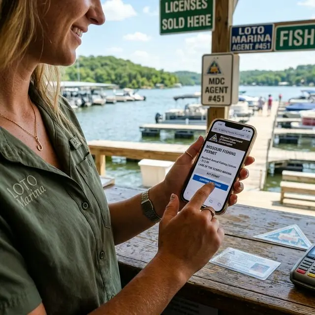 Person holding a smartphone buying a fishing license via the MO Fishing app at a marina at Lake of the Ozarks, Missouri