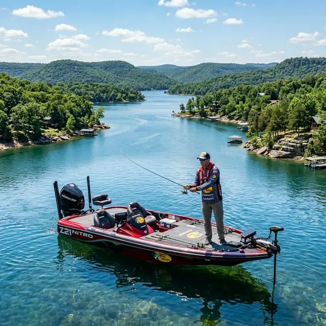Professional angler fishing from a boat at Table Rock Lake, Missouri on a sunny day with Ozark hills in the background