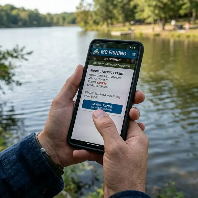 Close up of a person renewing their Missouri fishing license on a smartphone showing the MO Fishing app at a boat ramp