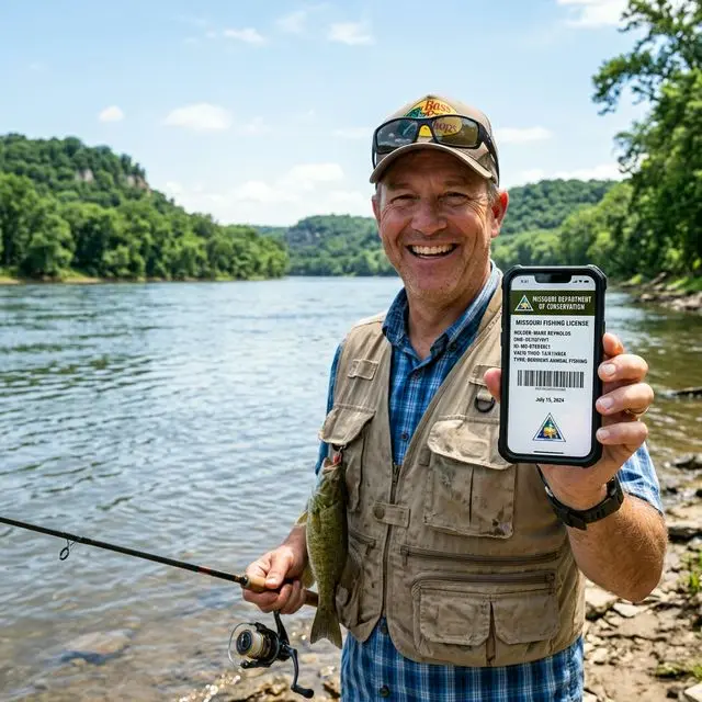Angler showing a validated digital fishing license on smartphone screen against a Missouri river backdrop