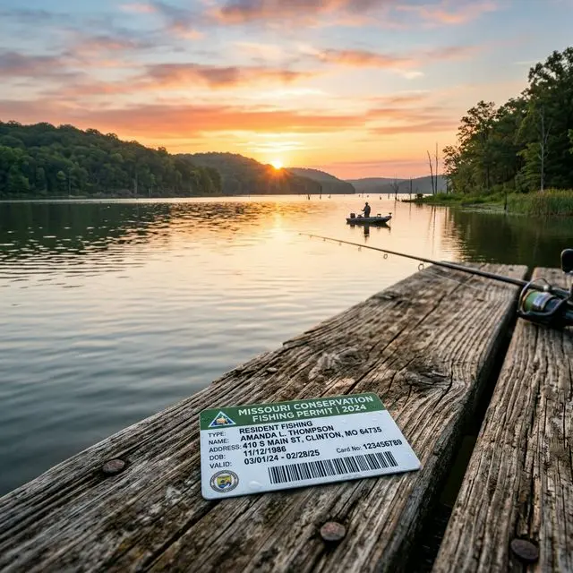 Physical plastic Missouri Conservation Permit Card resting on a wooden dock with a sunrise lake scene at Truman Lake