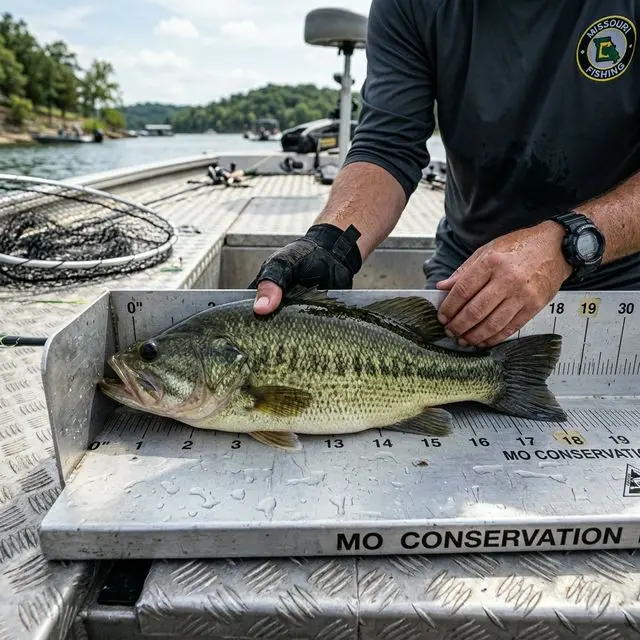 Largemouth bass being carefully measured against a metal bump board ruler on a boat deck in Missouri