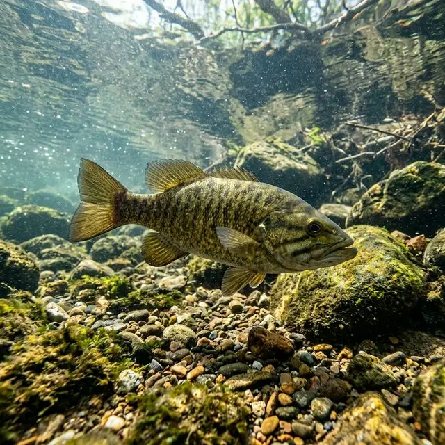 Underwater image of a Missouri Ozark smallmouth bass swimming in crystal clear rocky stream water