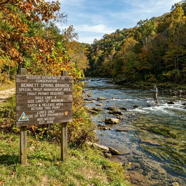 Missouri special management trout river with a rustic wooden MDC regulatory sign on the bank and an angler in the background