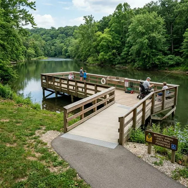 ADA-accessible wooden fishing pier with railings at a Missouri state park, surrounded by calm water and green trees