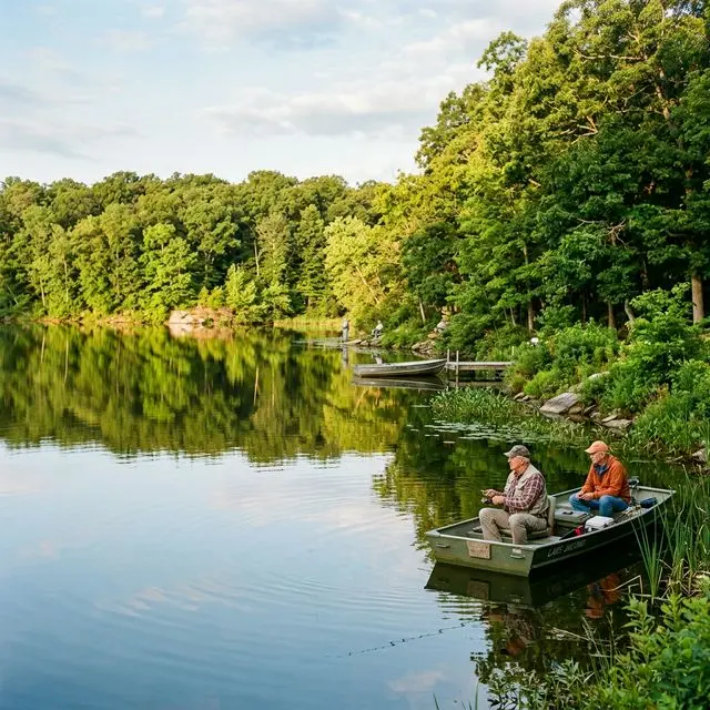 Peaceful, calm Missouri lake cove with gentle waters and forested shores, ideal for senior anglers