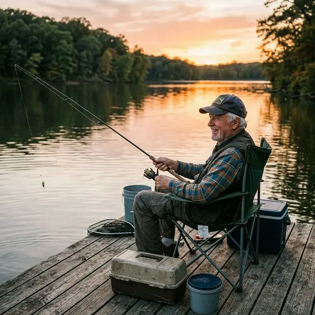 Retired senior citizen fishing comfortably from a wooden dock at a calm Missouri lake on a peaceful weekday morning