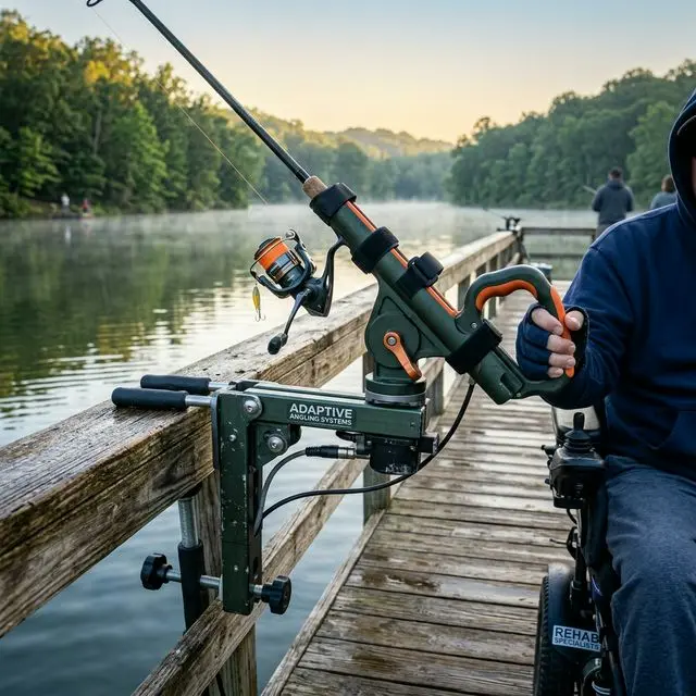 Specialized adaptive fishing equipment set up on a wheelchair-accessible wooden fishing pier in Missouri