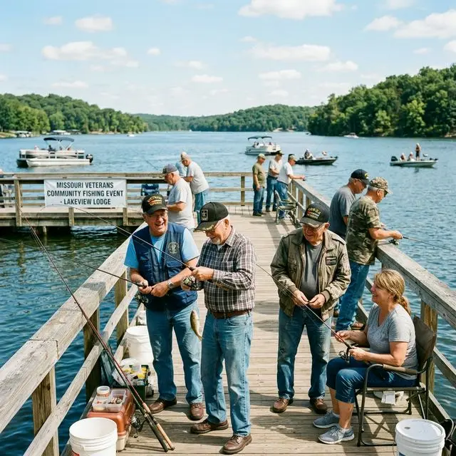 Group of veterans fishing together at a community fishing event on a Missouri lake, showing camaraderie