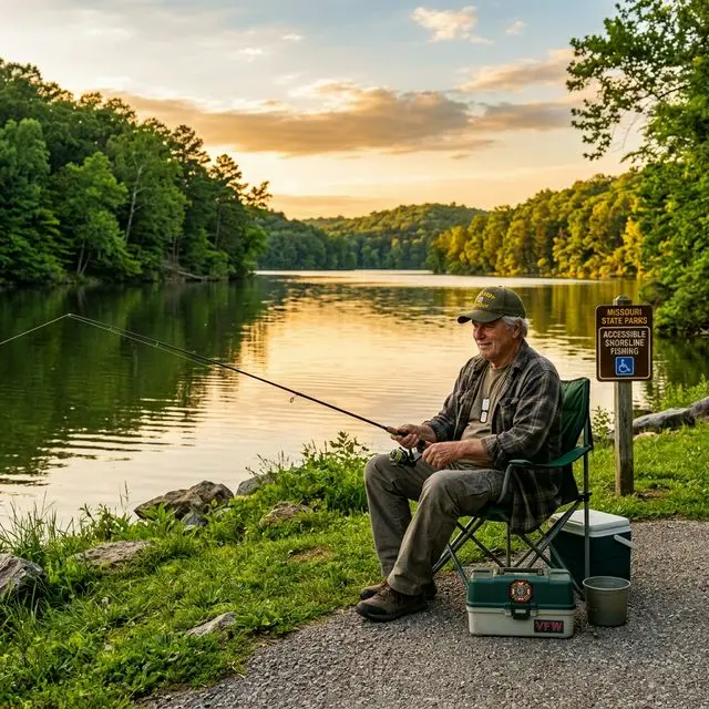 Military veteran fishing peacefully from an accessible shoreline at a Missouri state park lake during golden hour