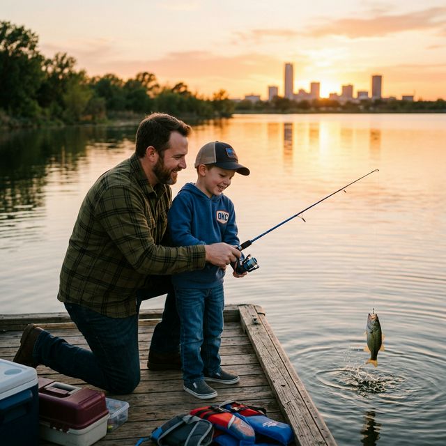 Father kneeling beside his 6-year-old son helping him reel in a small fish at a calm municipal pond in Oklahoma City during golden hour