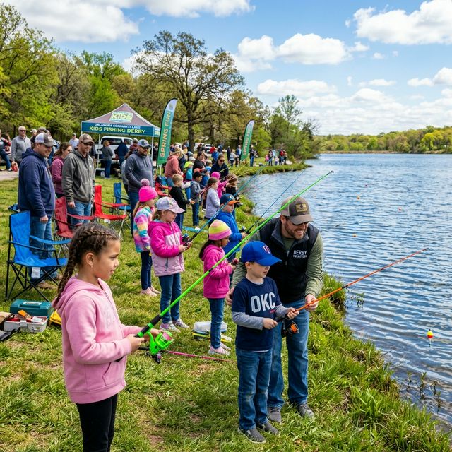 Vibrant kids fishing derby at an Oklahoma community lake with several children holding colorful fishing rods along the grassy bank on a sunny spring day