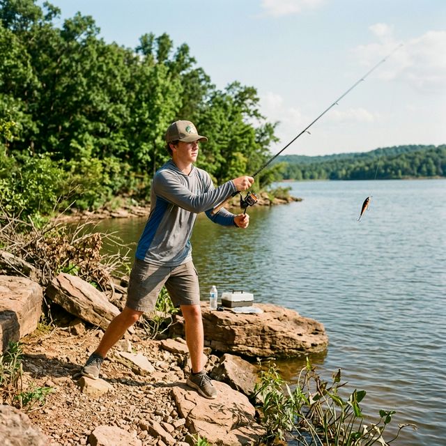 16-year-old teenager confidently casting a spinning rod from a rocky bank at an Oklahoma lake wearing a bass fishing hat