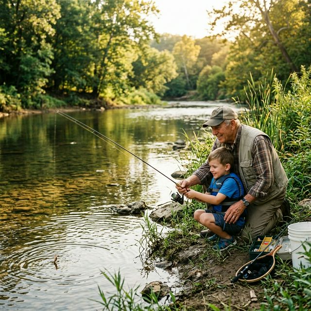 Grandfather teaching young grandson to fish at a calm Oklahoma river bank surrounded by green trees in warm afternoon light