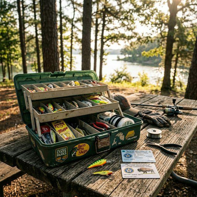 Open fishing tackle box on a wooden picnic table at an Oklahoma state park with license cards visible next to the tackle in morning light