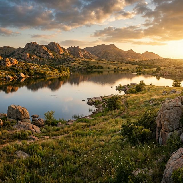 Panoramic golden hour view of a lake in the Wichita Mountains Wildlife Refuge in southwestern Oklahoma with dramatic granite formations and prairie grassland