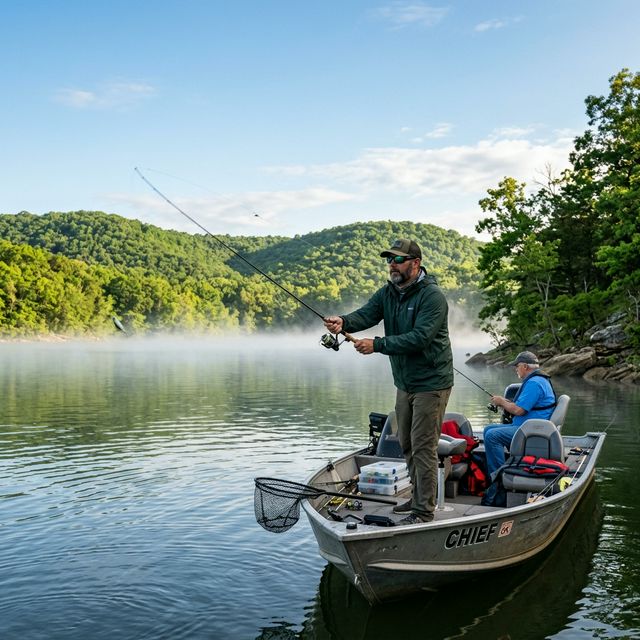 Two anglers fishing from a boat on Grand Lake O' the Cherokees in northeastern Oklahoma with misty Ozark hills in the background