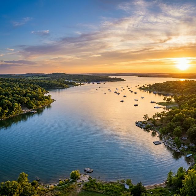 Aerial panoramic view of Lake Texoma on the Oklahoma-Texas border at golden hour with fishing boats anchored in the calm water