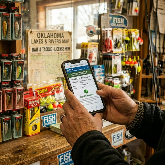 Angler purchasing an Oklahoma fishing license on a smartphone at a bait shop counter with Oklahoma fishing maps and tackle in the background