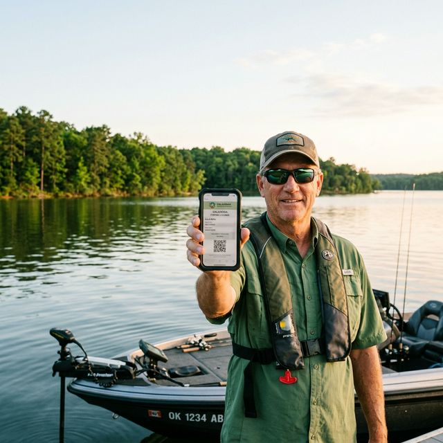 Angler in a bass boat on Grand Lake Oklahoma holding up a smartphone to show a digital fishing license, serene lake water and bright morning light