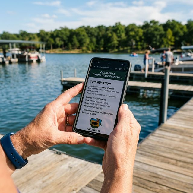 Person holding a smartphone on a boat dock, screen shows fishing license renewal confirmation with an Oklahoma lake in the soft focus background