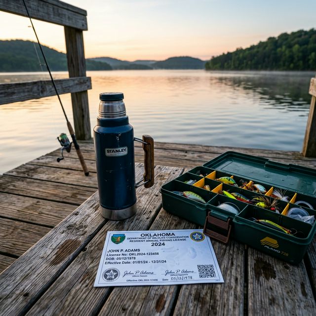 Printed fishing license paper sitting on a wooden dock next to a coffee thermos and an open tackle box in early morning light overlooking a lake