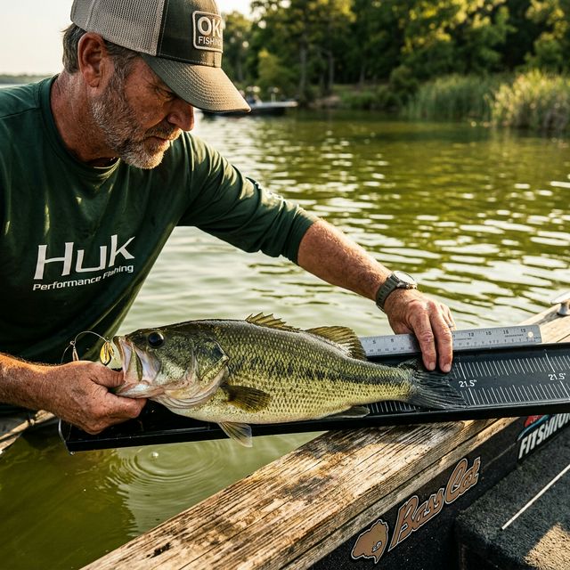 Close-up of an angler measuring a largemouth bass with a ruler at an Oklahoma lake, detailed fish scales visible in warm lighting