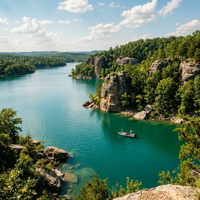 Lake Tenkiller in eastern Oklahoma with clear turquoise water, rock bluffs, and dense forest, fishing boat visible in the distance