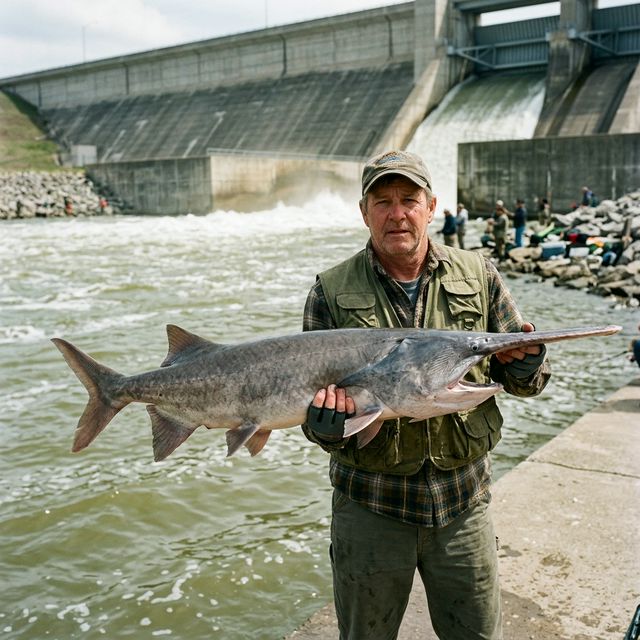 Angler wearing a cap and vest holding a massive paddlefish (spoonbill catfish) with a distinctive long snout at Keystone Lake dam in Oklahoma