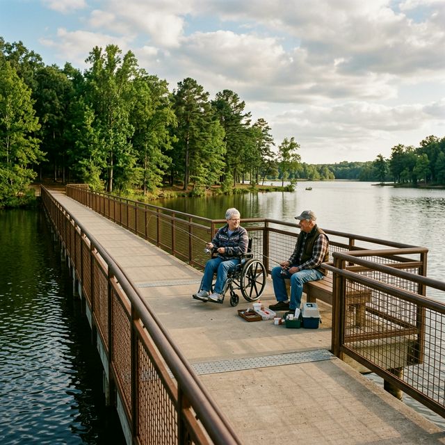Two seniors fishing together on an accessible ADA-compliant fishing pier at an Oklahoma state park lake with tall green trees surrounding the water