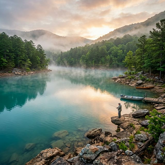 Misty morning view of Broken Bow Lake in southeastern Oklahoma with turquoise water surrounded by dense pine and hardwood forest of the Ouachita Mountains