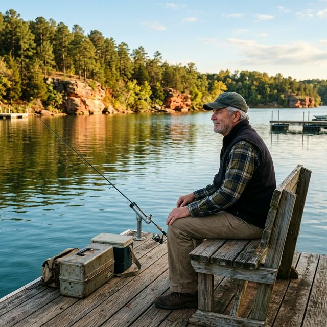 Senior angler sitting peacefully on a wooden dock fishing at Lake Murray in southern Oklahoma with red sandstone bluffs and pine trees in the background