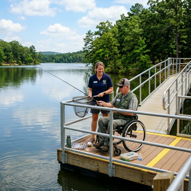Disabled veteran in a wheelchair fishing from an adaptive ADA-compliant dock at an Oklahoma state park lake with a volunteer assistant