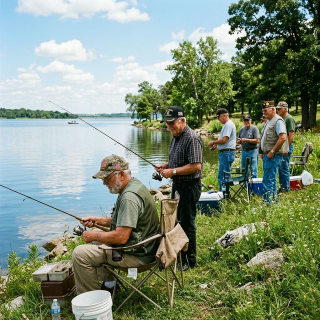Group of veterans fishing together at Kaw Lake in north-central Oklahoma on a sunny summer day with American flag patches visible