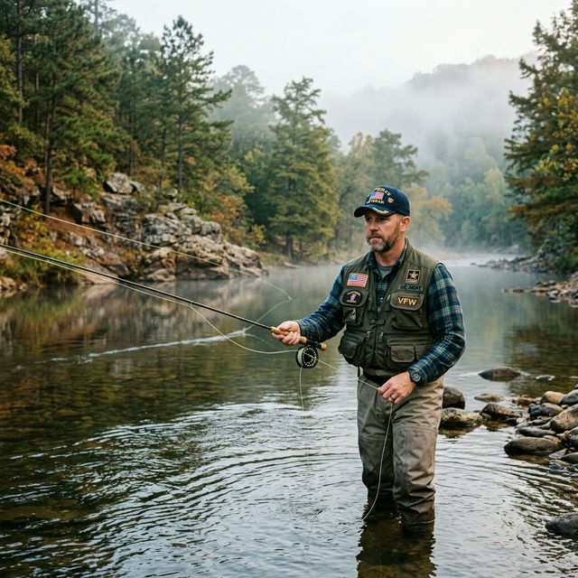Military veteran fly fishing in the Lower Mountain Fork River in southeastern Oklahoma surrounded by pine trees and morning mist