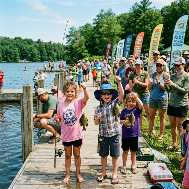Children excitedly holding up small fish they caught at a kids fishing derby at a Pennsylvania state park lake, with parents watching and smiling in the background