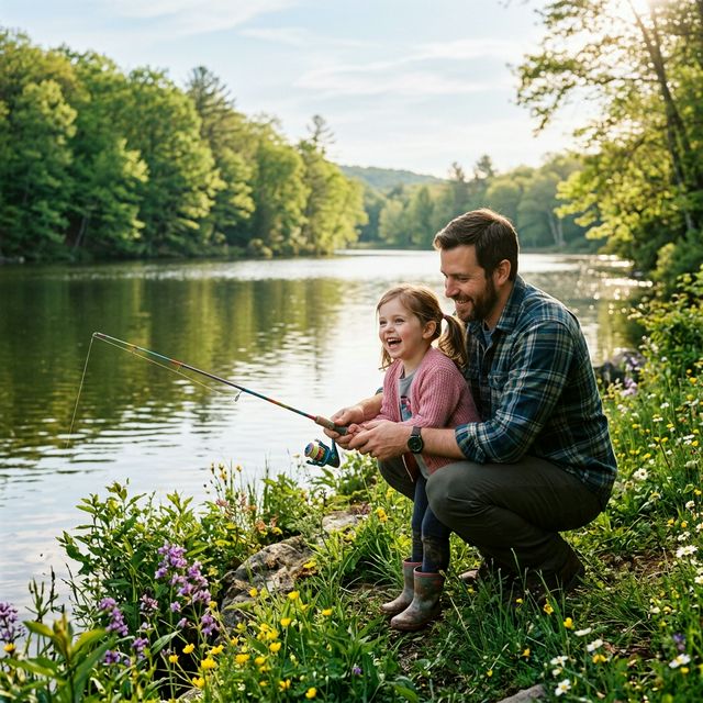 A father kneeling beside his young daughter at the edge of a Pennsylvania lake, helping her cast a small spinning rod on a sunny spring morning