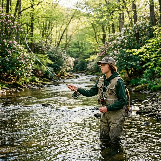 A teenager fly fishing independently in a shallow Pennsylvania stream with golden spring light, demonstrating growing independence in the sport