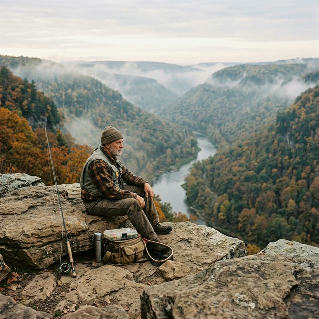 A senior angler sitting on a bench near Pine Creek Gorge in Tioga County, Pennsylvania, looking out over the 'Pennsylvania Grand Canyon' with fishing gear beside him