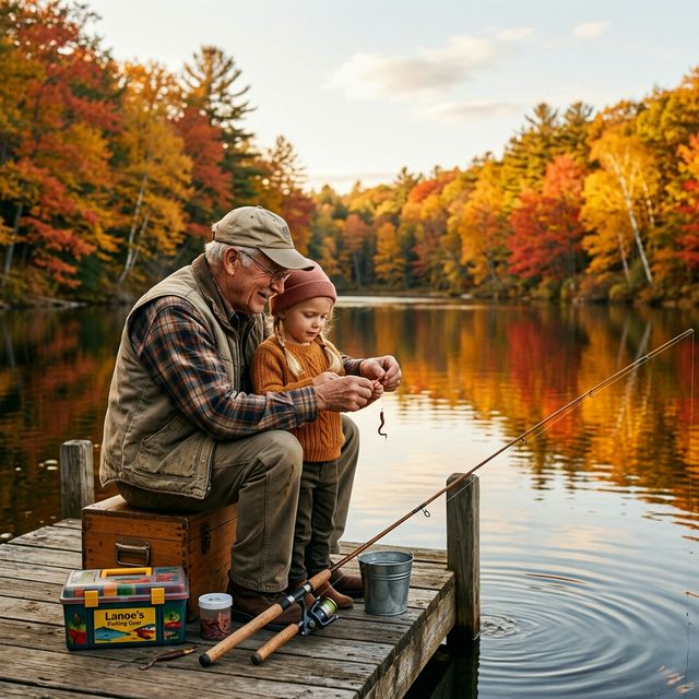 A grandfather and his young granddaughter fishing together from a wooden dock on a quiet Pennsylvania lake surrounded by maple trees in fall colors