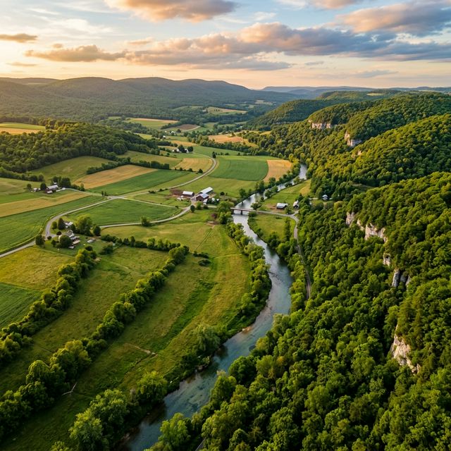 A composite-style photograph showing Spruce Creek in Huntingdon County, Pennsylvania across four seasons — snow-covered banks in winter, green growth in spring, lush summer canopy, and golden autumn foliage
