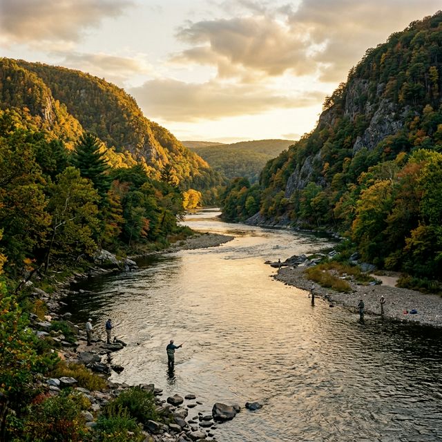 Anglers fishing on both banks of the Delaware River at the Delaware Water Gap with Pennsylvania and New Jersey cliffs rising on each side