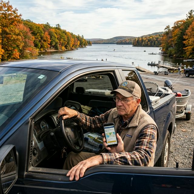 A fisherman purchasing a Pennsylvania fishing license on the FishBoatPA mobile app while sitting in a truck at a boat launch near Lake Wallenpaupack