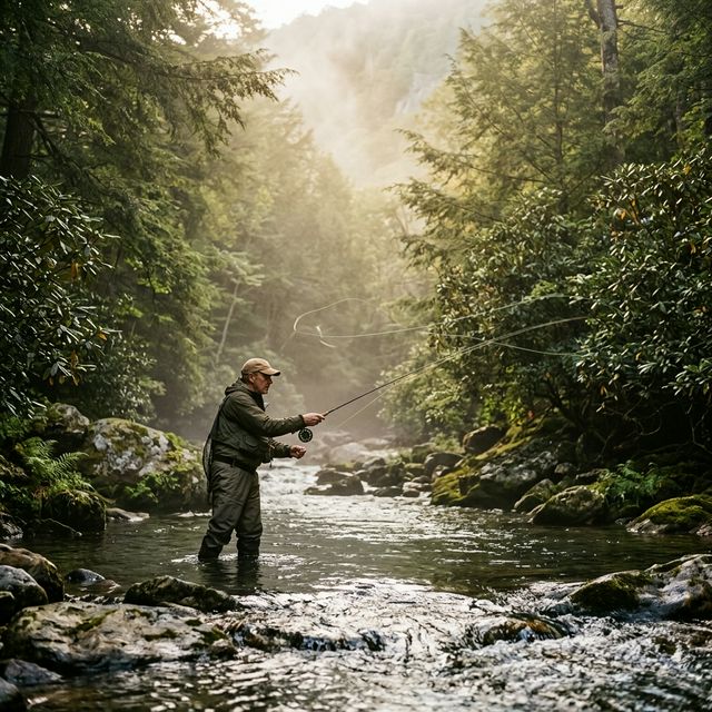 An angler fly fishing in a misty mountain creek surrounded by hemlock trees in the Pocono Mountains of Pennsylvania