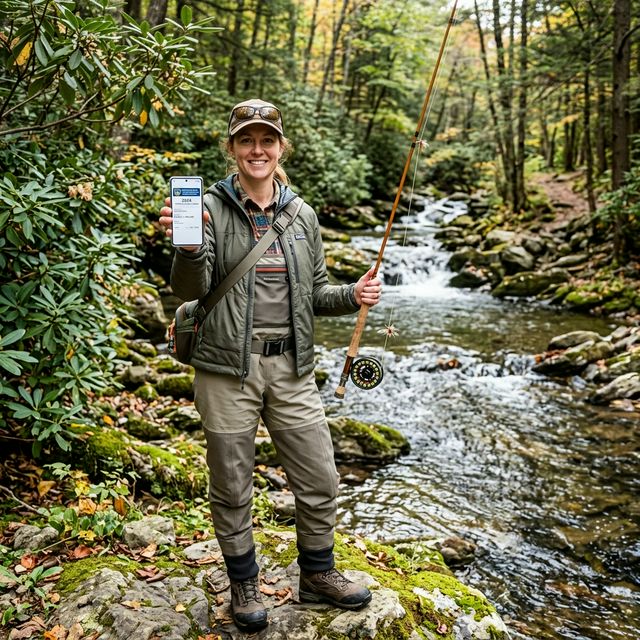 An angler standing beside a Pennsylvania mountain stream holding up a smartphone displaying a digital fishing license, with fly rod in the other hand