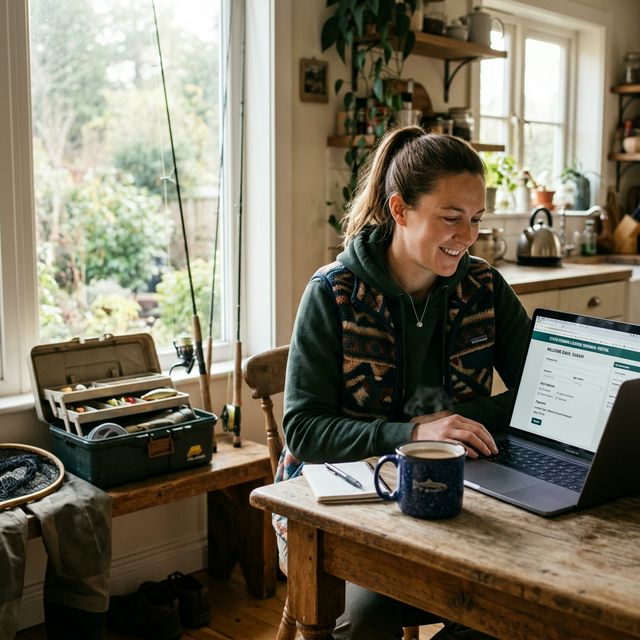 An angler sitting at a kitchen table with a laptop showing the HuntFishPA portal renewal page, a coffee mug beside the computer, and fishing gear visible in the background