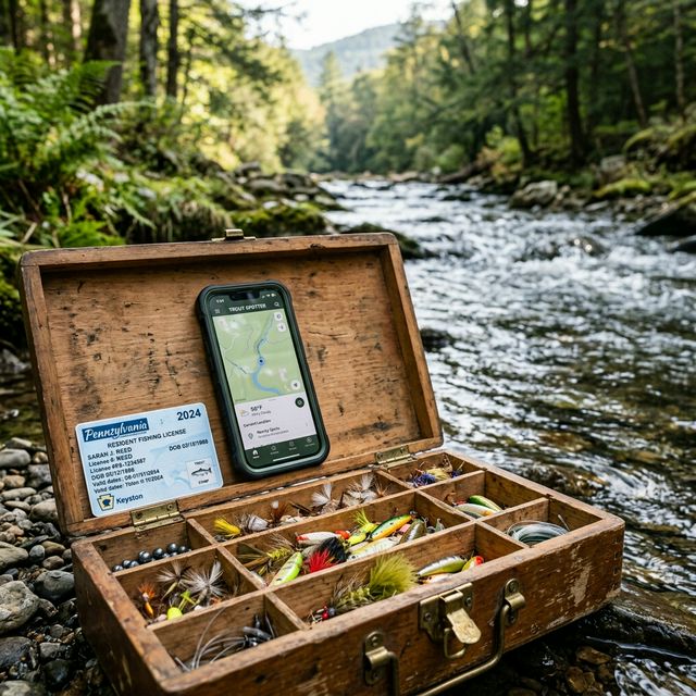 A Pennsylvania fishing license card and a smartphone displaying the FishBoatPA app sitting on a weathered wooden tackle box beside a stream
