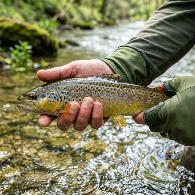 Close-up of an angler holding a wild brown trout with distinctive red and orange spots over the clear limestone water of Penns Creek in Centre County, Pennsylvania
