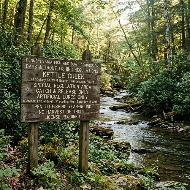A stream sign posted beside a Pennsylvania limestone creek reading 'Catch and Release — Fly Fishing Only' with a forested stream visible behind it